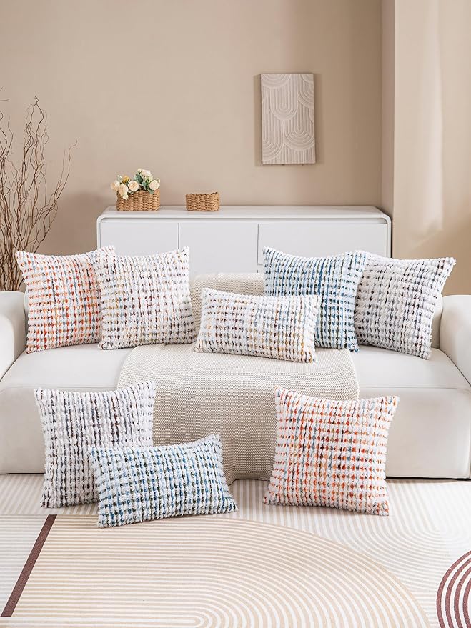 Decorative Boho Pillow Covers Set of 2-18x18 Inch Tufted Farmhouse Boho Throw Pillows for Couch, Neutral Chenille Fluffy Accent Pillowcase for Bed Living Room, Bedroom Sofa, Blue Green