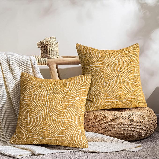 AELS Boho Decorative Textured Throw Pillow Covers 18x18, Organic Modern Mid Century Rainbow Tufted Pillow Case, Farmhouse Rustic Geometric Woven Cushion Case for Bed Couch Sofa, Mustard Yellow