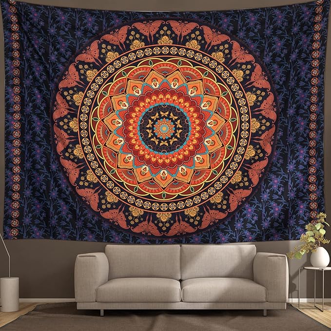 Edeesky Boho Mandala Tapestry Aesthetic Wall Hanging Psychedelic Hippie Butterfly Tapestries Vintage Wall Art Home Decor for Bedroom,Living Room,Dorm（Red