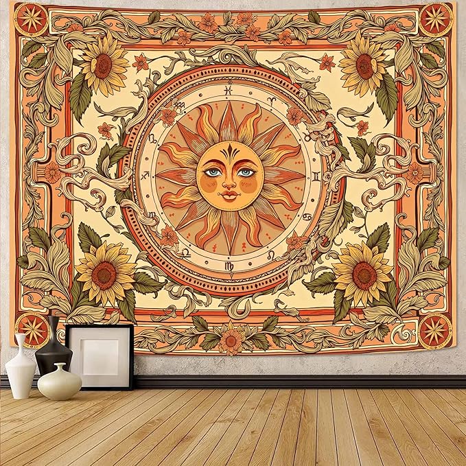 Accnicc Yellow Sun Tapestry Boho Floral Sunflower Plant Wall Tapestry for Bedroom Aesthetic Vintage Flower Celestial Small Tapestries Wall Hanging for Dorm Living Room Decor 48 x 36 Inch