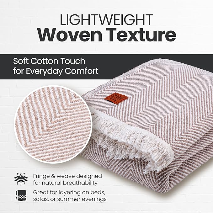 Gold Case Throw Blanket for Bed - 100% Recycled Turkish Cotton Blanket - Elegant Lightweight Soft Throw Blankets for Bed & Living Room - Twin Size Cozy Blankets - 71x90 - Beige