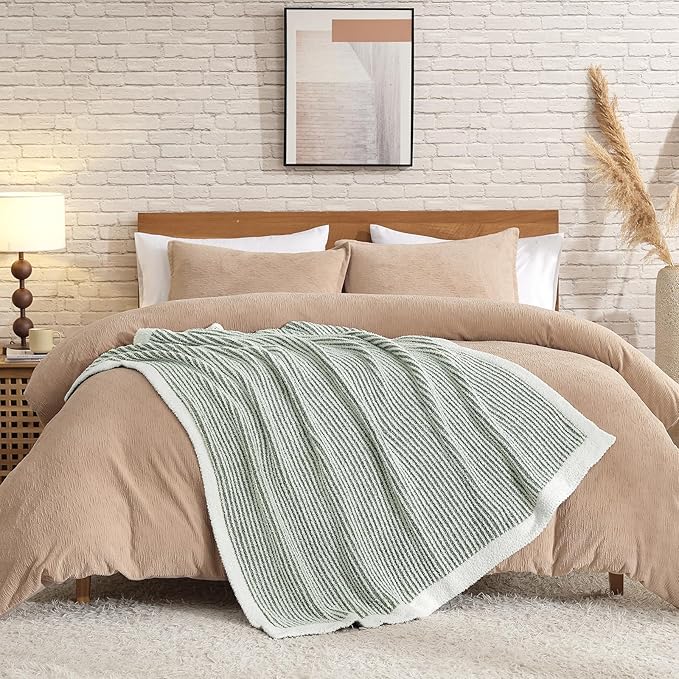 Snuggle Sac Warm Throw Blanket for Couch, Fuzzy Microfiber Knit Stripe Blankets for Couch, Sofa, Travel, Green Cream, 50x60 inches