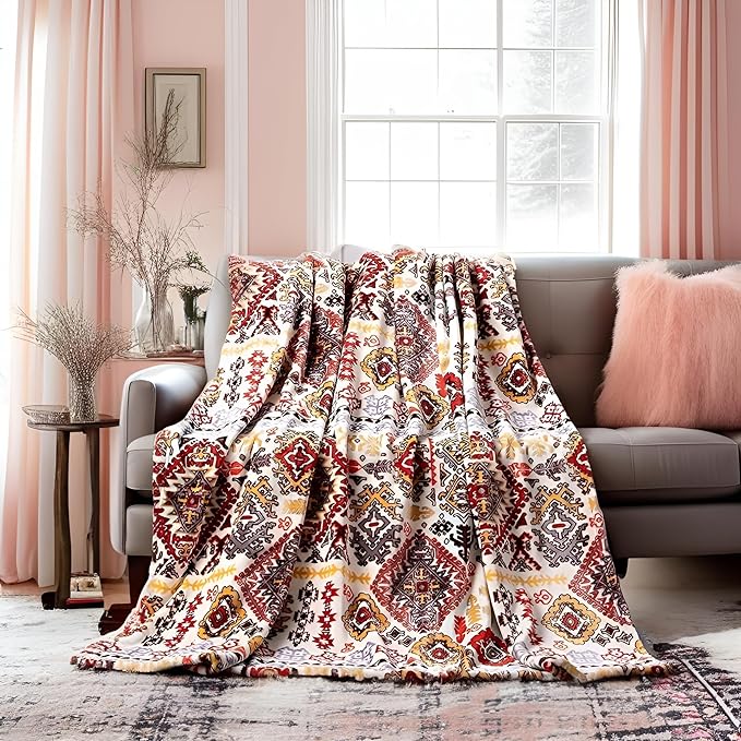 DaDa Bedding Bohemian Southwestern Mink Fleece Throw Blanket - Lightweight Cozy Farmhouse Aztec Havana Geometric Abstract Soft Warm Fall Decor - Yellow & Red - 50" x 60"