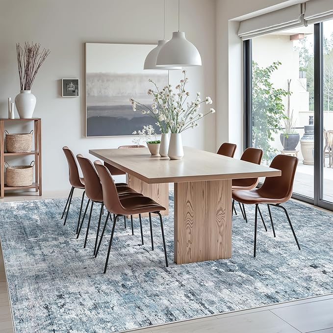 Area Rug 10x12 Vintage Washable Living Room Large Carpet Non Slip Bedroom Indoor Office Dining Room Low Pile Thin Rug Blue/Grey