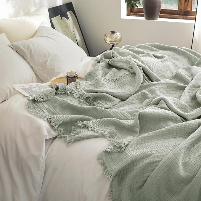 FOSSA Muslin Blanket with Fringe - 4-Layer 100% Cotton Gauze Super Soft & Breathable Throw -Lightweight Decorative Cooling Blanket for Bed, Sofa, Office (Sage Green, Throw XL (50" × 70"))