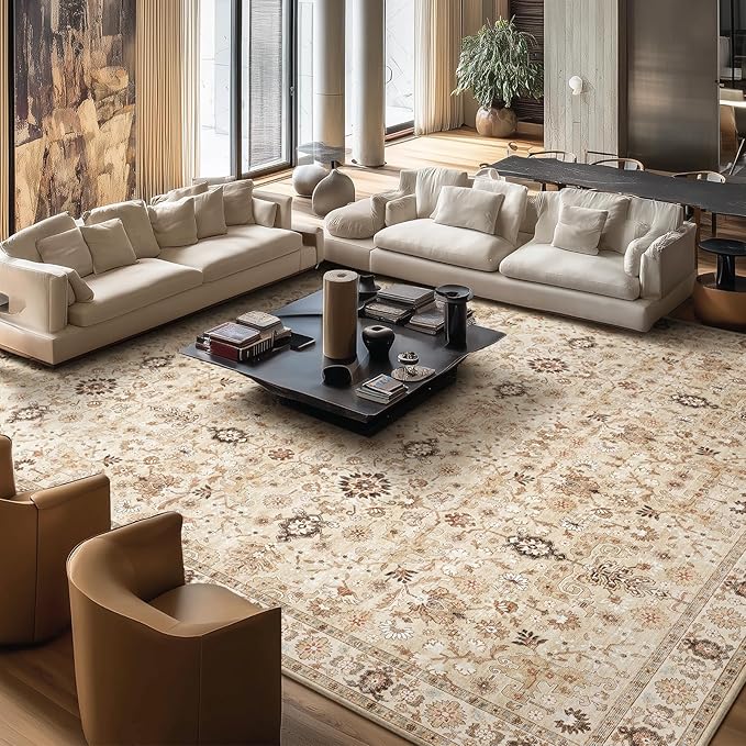 Washable Rugs for Living Room: 10x14 Area Rugs for Bedroom Ultral Soft Non-Slip Stain Resistant Vintage Boho Large Carpet for High-Traffic Dining Room - Farmhouse Decor
