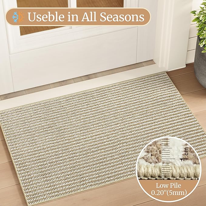 Faux Jute Non-Slip Area Rug, 2x3 Washable Pet-Friendly Floor Mat for Living Room, Bedroom, Entryway, Machine Woven Durable Scratch Resistant Carpet, Cream Beige/Brown