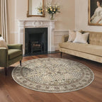 Bavni Round Rug 5ft-Machine Washable Area Rugs Non-Slip for Bedroom, 5x5 Vintage Floral Rug Distressed Throw Carpet for Living Room Nursery Kitchen Bathroom, Dark Espresso