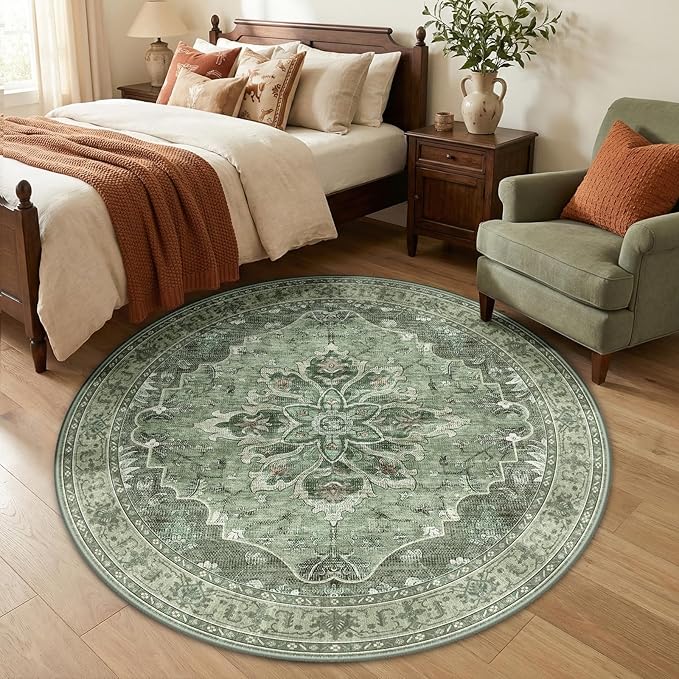 Area Rugs 5ft Washable Non-Slip, Floral Vintage Distress Print Pattern Medallion Carpet for Living Room Bedroom Dining Room, Dark Green Gray