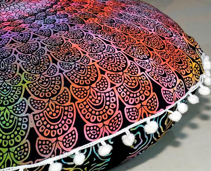 Round Mandala Floor Pillow Cover Seating Cushion Throw Cover Hippie Decorative Bohemian Ottoman Pouf Cover, Pom Pom Pillow Cases,Boho Indian 22 Inches (Multi Peacock)
