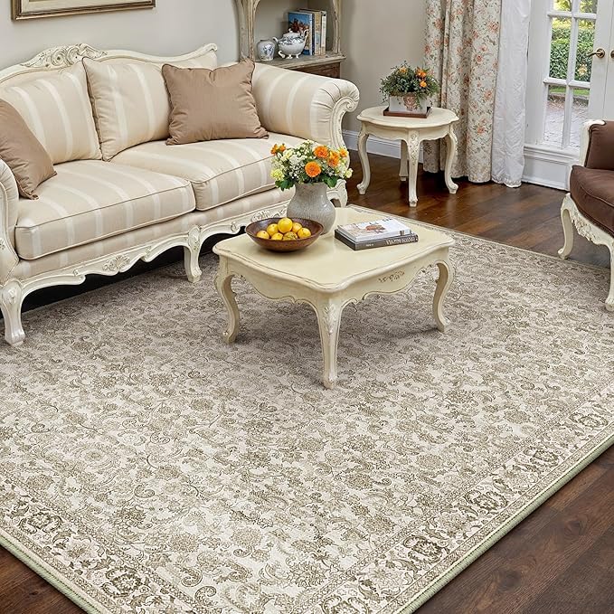 HUGEAR Brown Area Rug 5x7 Machine Washable Living Room Rugs Distressed Neutral Vintage Floral Low Pile Carpet Bedroom Office Dining Room Laundry Room Non Slip Soft Lightweight