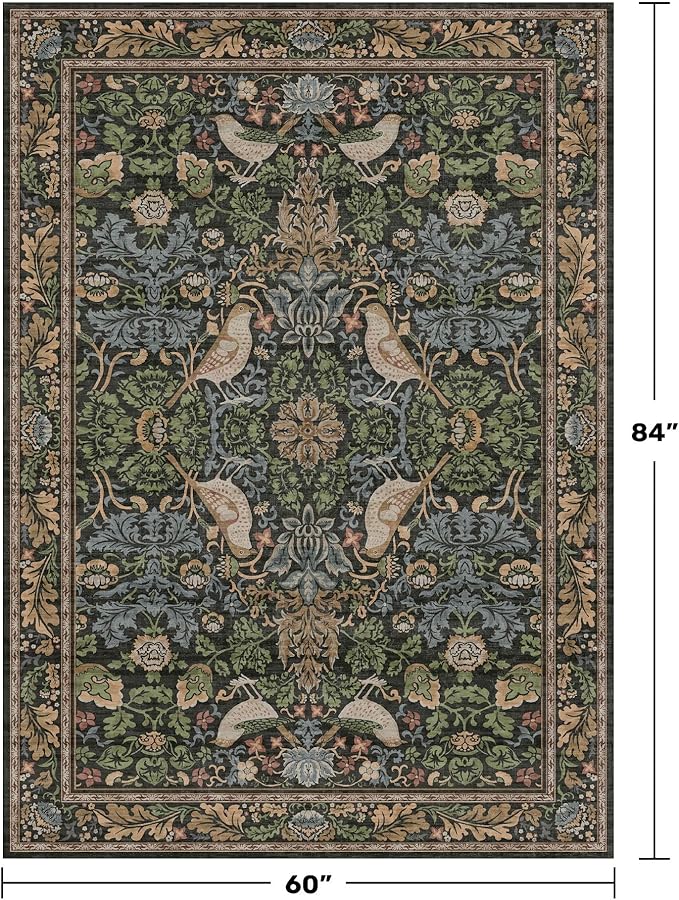 Vintage Floral Area Rug 5x7 for Living Room - Dark Green Forest Bird Rugs for Bedroom, Dining Room, Office, Non Slip Stain Resistant Low Pile