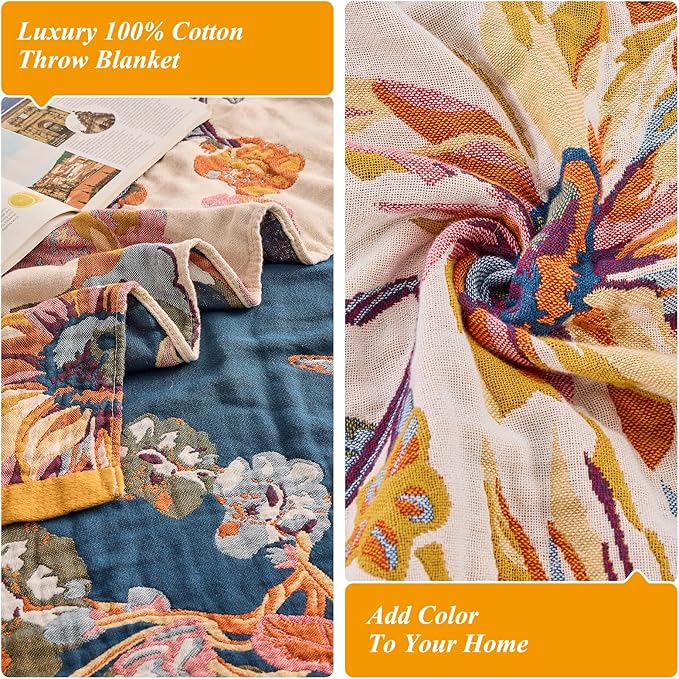 Boho Floral Throw Blanket, 100% Cotton Muslin Ultra Soft Sofa & Couch Cover, Bohemian Home Decor Gauze Quilt (Flower and Butterfly, 80"x90")