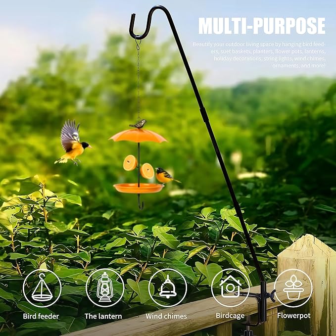 Juegoal Heavy Duty Deck Hook with 2 Inch Non Slip Clamp, 25 or 36 Inch Extended Reach Deck Hook, Adjustable Rail Pole Plant Bracket for Hanging Bird Feeder, Plants, Lanterns, Wind Chimes