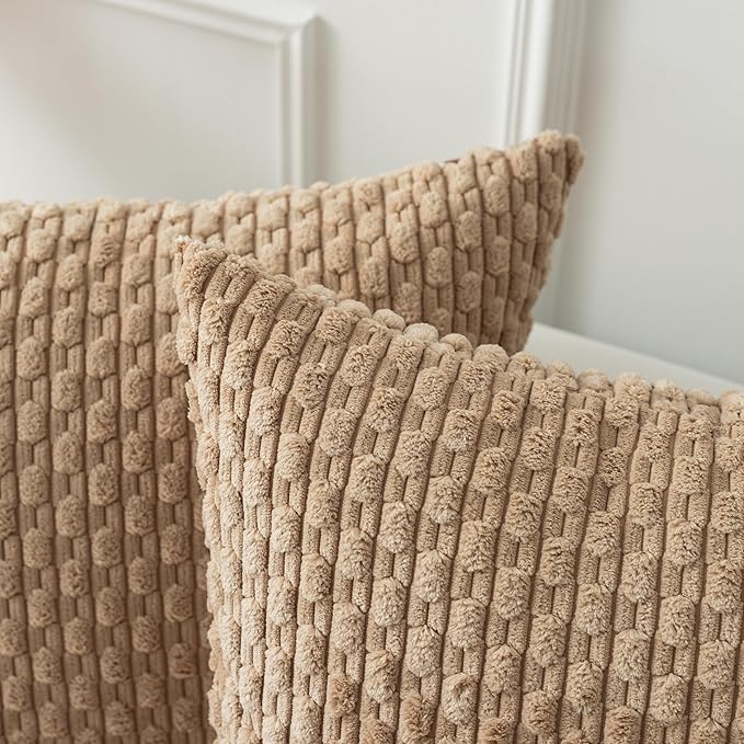 Kevin Textile 16x24 Inch Pillow Cover 1 Pack Boho Decorative Soft Striped Corduroy Lumbar Farmhouse Solid Color Accent Rectangle Cushion Case for Living Room Couch Sofa Bed, Tan