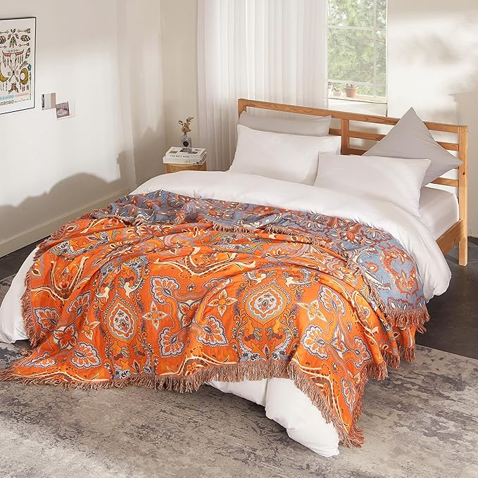 Boho Throw Blanket for Bed 60”x80”, 100% Cotton Woven Blanket for Couch Sofa, Ultra Soft 4-Layer Muslin Quilt with Vintage Floral Printed, Farmhouse Bed Blanket/Cover for Living Room Decor