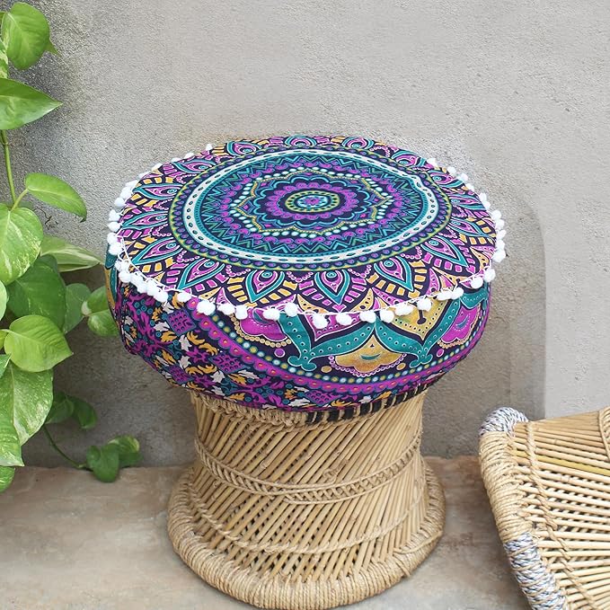 CRAFT KALA Large Hippie Mandala Meditation Floor Ottoman Pillow Cushion Pouf Cover Square Poufs Bohemian Circle Floor Cushion Case Outdoor Fireplace Yoga Living Room Decor Cover New Pink, 24" Round