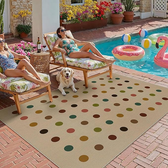 HUGEAR 5x8 Jute Outdoor Indoor Rug Washable Geometric Linen Textured Weave High Traffic Stain Resistant Non Slip Durable Carpet for Livingroom Patio Deck Balcony Courtyard (Rainbow, 5' x 8')