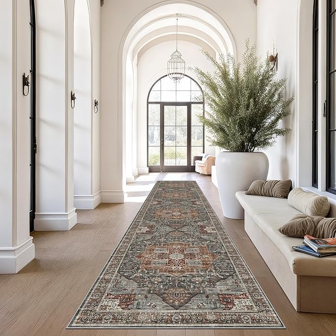 Washable Runner Rug 2.6x12 Runners for Hallways, Ultra-Thin Carpet Runners for Entryway Anti Slip Backing Runner Rugs for Kitchen Laundry Room Indoor Hallway (Grey/Brown/Tan)