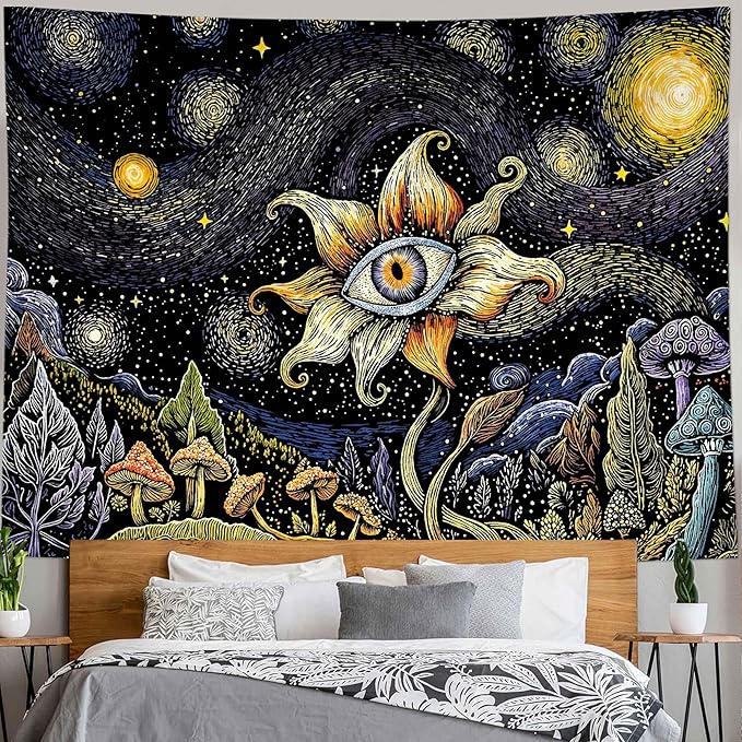 Yeoiat Tapestry Cosmic Flower Tapestries Mushroom Landscape Wall Hanging Starry Night Visionary Botanical Art Decor Bedroom Dormitory 60"x44"