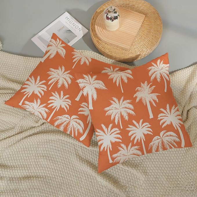 Burnt Orange Palm Tree Pillow Covers 18x18 Inch Set of 2 Vintage Tropical Decorative Pillow Cases Summer Outdoor Cushion Cover Farmhouse Linen Decoration Throw Pillows for Couch Living Room
