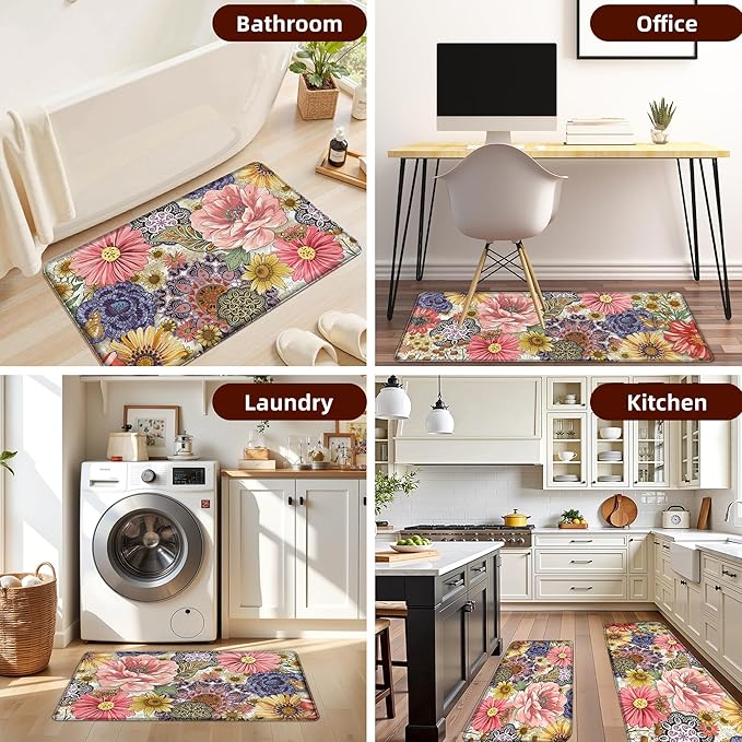 Boho Floral Kitchen Mats for Floor 2PCS Anti Fatigue Mats for Kitchen Floor Cushioned Non Slip Waterproof Memory Foam PVC Kitchen Rugs Set for Sink,Office,Laundry 17.3"x28"+17.3"x47"