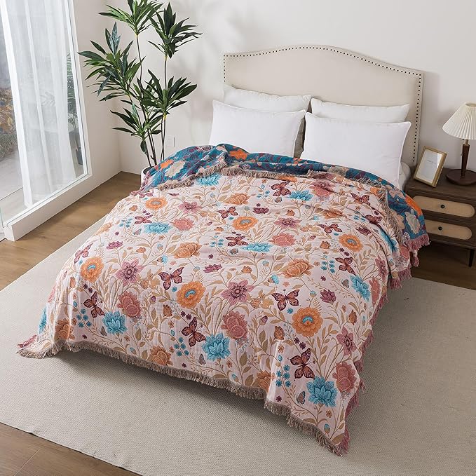 Boho Throw Blanket Twin Size, Soft Cozy Cotton Muslin Quilt Blanket for Bed Decor, Floral Patterned Couch Sofa Chair Cover, Vintage Farmhouse Cottage Tapestry Woven Blanket, Coral&Green