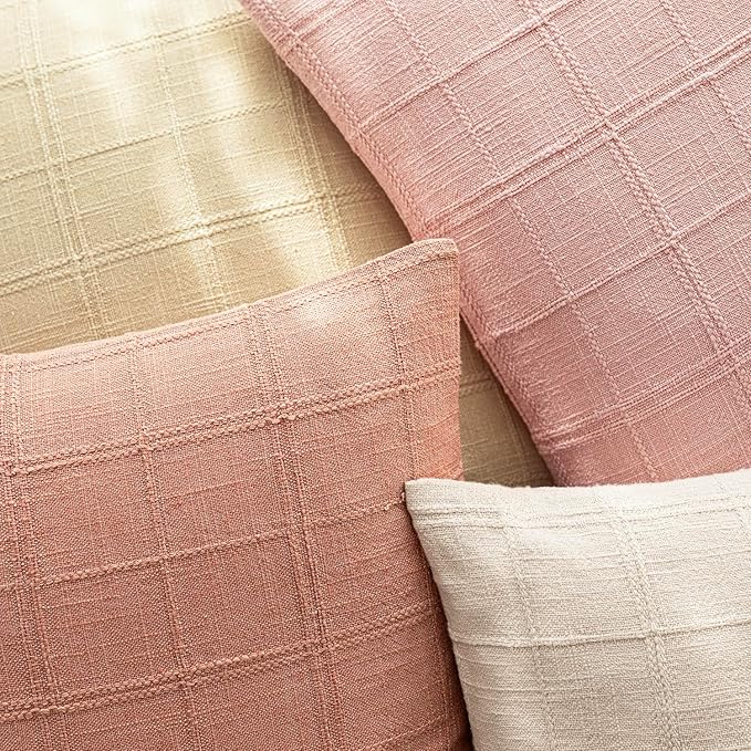 Foindtower Set of 2 Decorative Linen Check Throw Pillow Covers Neutral Farmhouse Vintage Cushion Covers Modern Boho Accent Home Decor for Sofa Chair Couch Bedroom Living Room,20×20 Inch,Coral Pink