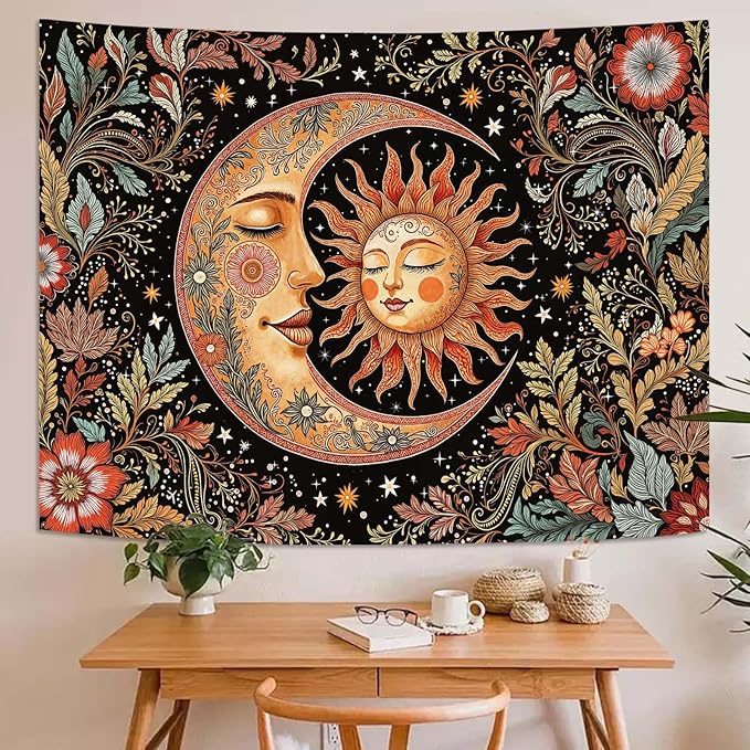 Accnicc Vintage Sun and Moon Tapestry Boho Hippie Floral Wall Tapestry for Bedroom Aesthetic Brown Celestial Spiritual Botanical Plant Large Tapestries Wall Hanging for Living Room Dorm 80 x 60 Inch