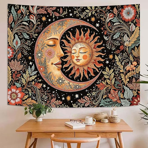 Accnicc Vintage Sun and Moon Tapestry Boho Hippie Floral Wall Tapestry for Bedroom Aesthetic Brown Celestial Spiritual Botanical Plant Large Tapestries Wall Hanging for Living Room Dorm 80 x 60 Inch
