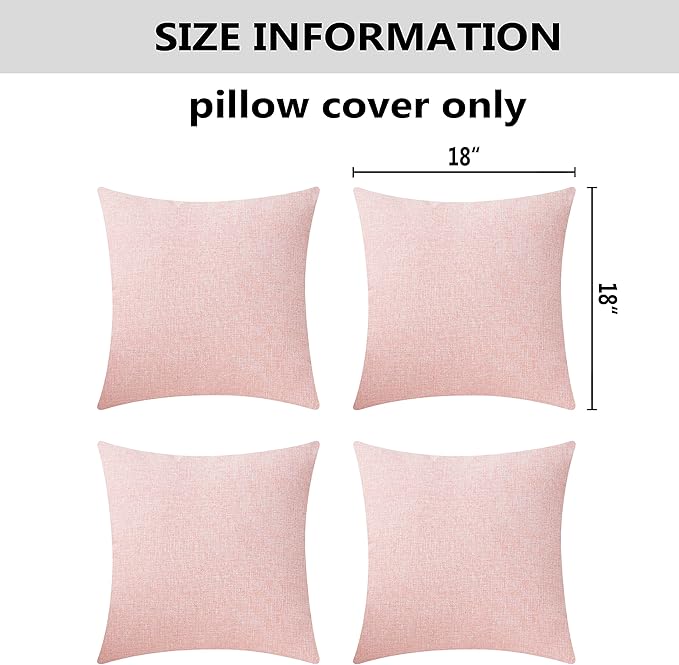Home Brilliant Pillow Covers 18x18 Set of 4 Decorative Linen Cushion Covers Square Throw Pillows Covers for Couch, Baby Pink, 18 inch, 4 Pcs