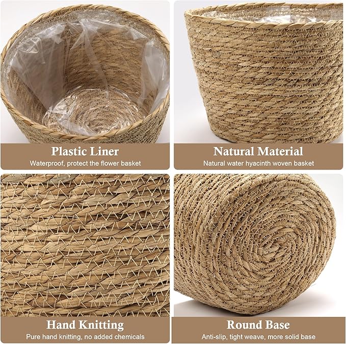 Athaliah Plant Basket Set of 3, Woven Plant Baskets Indoor with Plastic Liner, Water Hyacinth & Corn Husk Planter Baskets, Floor Plant Baskets for Pots, Rustic Farmhouse Home Decor