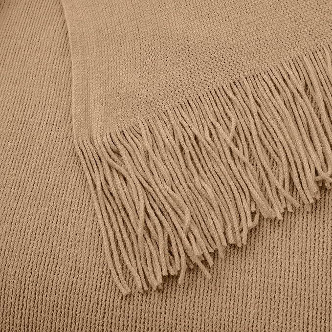 Vonty Light Brown Knitted Blanket with Tassels Fringe 60" x 80", Super Soft Knit Throw Blanket, Farmhouse Decorative Lightweight Blanket for Couch, Sofa, Bed