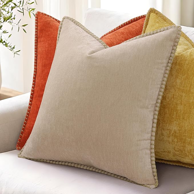 decorUhome Summer Chenille Soft Cozy Throw Pillow Covers 26x26 Set of 2, Modern Farmhouse Boho Velvet Decorative Euro Sham Pillow Cases with Stitched Edge for Couch Sofa Bed Home Decor, Beige