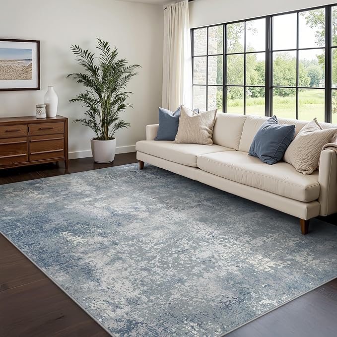 GENIMO Washable Area Rugs for Living Room, 8x10 Modern Non Slip Rugs, Low Pile Lightweight Soft Print Rug for Bedroom, Dining Room, Home Office, Haze Blue