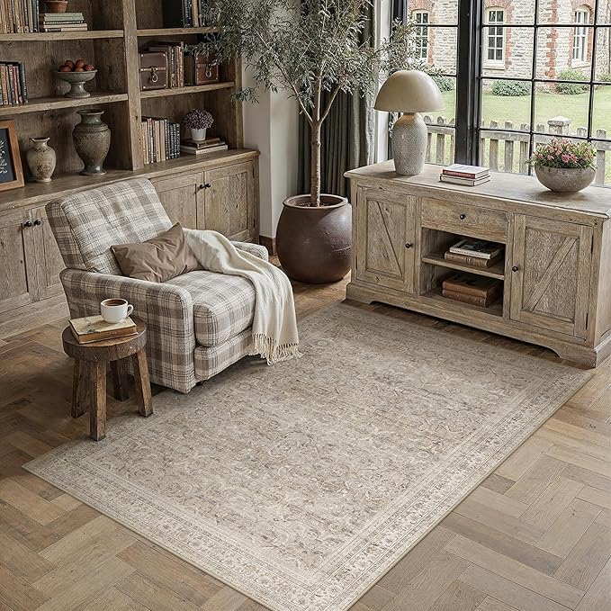 HUGEAR 3x5 Entryway Area Rug Vintage Beige Small Rug Machine Washable Door Mat Retro Floral Low Pile Carpet Vacuumable Distressed Throw Rug Entrance Kitchen Bedroom Bathroom Non Slip Lightweight
