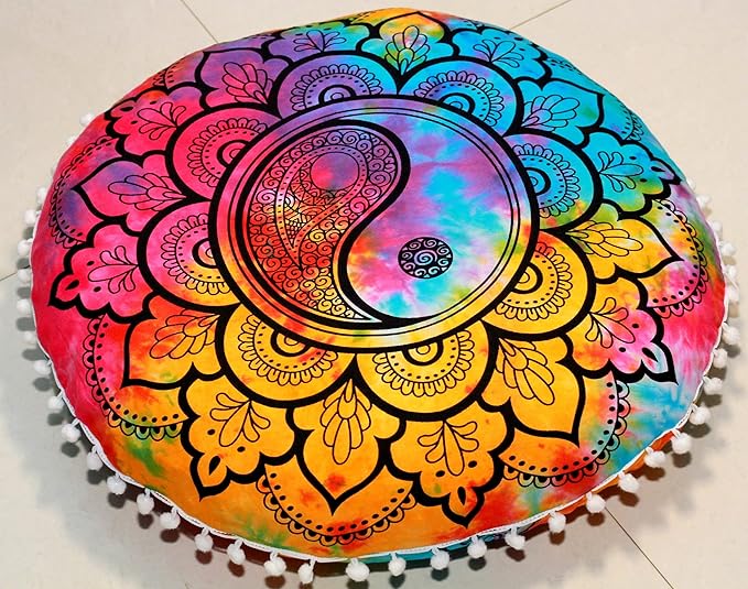 Round Mandala Floor Pillow Cover Seating Cushion Throw Cover Ottoman Pouf Cover Pom Pom Pillow Cases Hippie Decorative Bohemian Boho Indian 22 Inches (Multi Color)