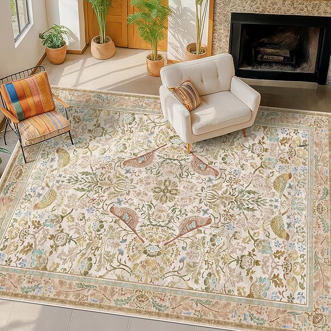 Washable Area Rugs 5x7 for Living Room - Boho Cottagecore Earthy Rugs for Bedroom, Dining Room, Office with Vintage Beige Taupe Botanical & Bird Pattern, Non Slip Stain Resistant Low Pile