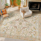 Washable Area Rugs 5x7 for Living Room - Boho Cottagecore Earthy Rugs for Bedroom, Dining Room, Office with Vintage Beige Taupe Botanical & Bird Pattern, Non Slip Stain Resistant Low Pile