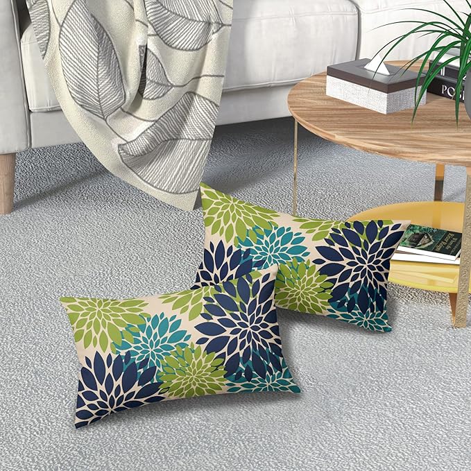 Navy Blue Green Teal Pillow Covers 12X20 Inch Set of 2, Modern Dahlia Floral Print Decorative Rectangle Throw Pillow Covers Outdoor Farmhouse Cushion Case for Home Couch Sofa Bed Decoration