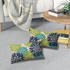Navy Blue Green Teal Pillow Covers 12X20 Inch Set of 2, Modern Dahlia Floral Print Decorative Rectangle Throw Pillow Covers Outdoor Farmhouse Cushion Case for Home Couch Sofa Bed Decoration