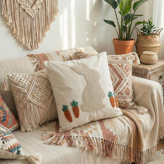 Fluffy Tufted Easter Pillow Cover with Soft Embroidered Bunny, Textured Boho Cotton Canvas Throw Pillow Case for Spring Farmhouse Sofa Couch Decoration, 18x18 inches, 1PCS (Cover Only)
