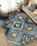Area Rug 6x9 Rug Machine Washable Rug Non-Slip Low Pile Print Pattern Western Rug for Living Room Bedroom Entryway Tribal Series -Navy/Grey