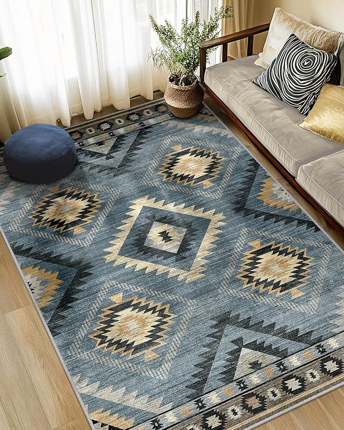 Area Rug 6x9 Rug Machine Washable Rug Non-Slip Low Pile Print Pattern Western Rug for Living Room Bedroom Entryway Tribal Series -Navy/Grey
