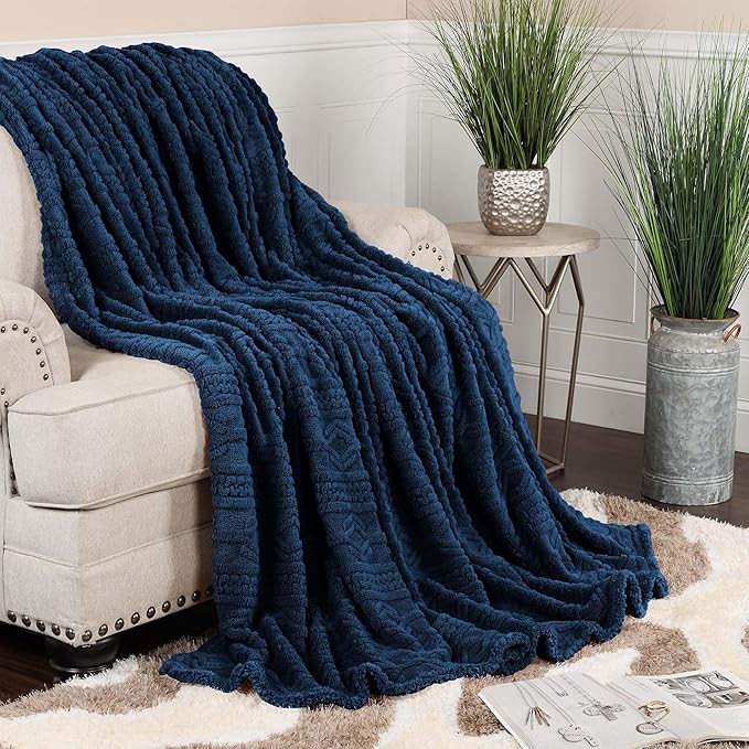 Superior Fleece Boho Jacquard Blanket, Decorative Blankets for Bedroom, Sofa, Fuzzy, Plush, Fluffy, Soft, Cute Room Decor, Beautiful Cover, Comfort Essentials, Arctic Collection, Throw XL, Navy Blue