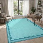Scalloped Teal Washable Rugs 8x10 Rug for Living Room Solid Modern Minimalism Soft Low-Pile Carpet for Bedroom Dining Nursery Non Slip TPE Backing