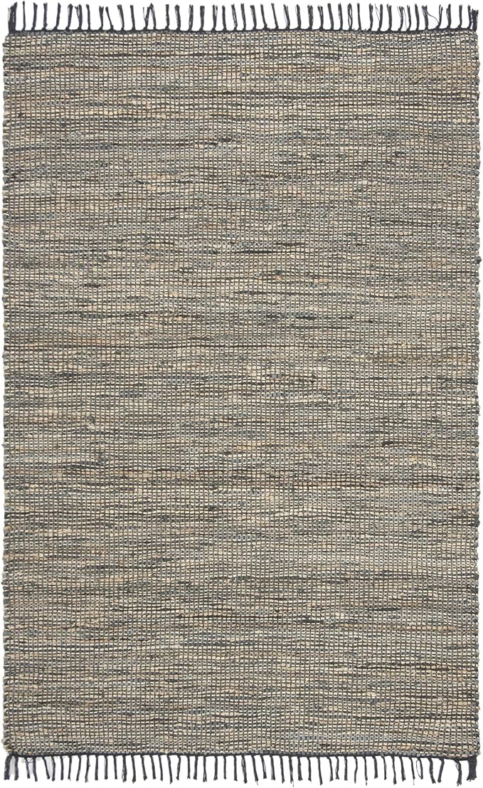SAFAVIEH Area Rug 8x10 - Vintage Leather Collection - Large - Grey, Handmade Boho Fringe Leather & Jute, Ideal for Living Room, Bedroom, Dining Space (VTL203F)