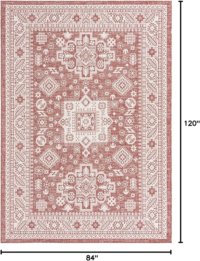 Rugs.com Outdoor Aztec Collection Rug – 7' x 10' Rust Red Flatweave Rug Perfect for Living Rooms, Large Dining Rooms, Open Floorplans
