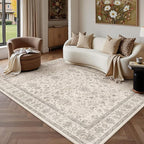 5x7 Area Rug Beige Washable Vintage Carpet Living Room Bedroom Non Slip Stain Soft Resistant Low Pile Thin Boho Accent Indoor Throw Rug for Dining Room Office