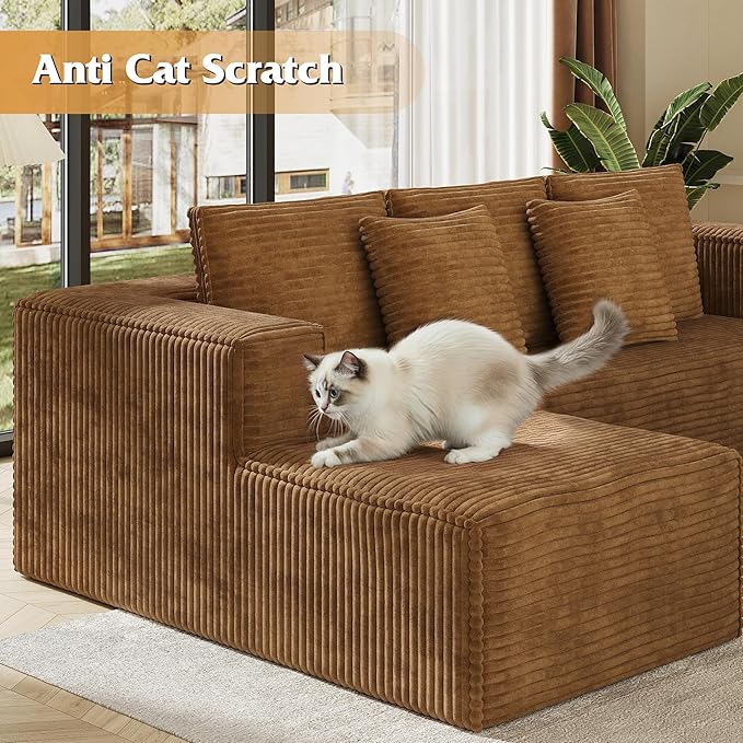 WLIVE 108'' Cloud Sectional Couches for Living Room, Modular Boneless Couch with Right Facing Chaise, L Shape Memory Foam Corduroy, with Cushion, Brown